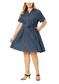Agnes Orinda Women's Plus Size Tie Waist Half Placket Chambray Midi Shirtdress -Agnes Orinda Store Belk 2117
