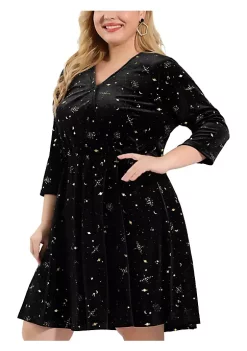 Agnes Orinda Women's Plus Size Velvet A-Line 3/4 Sleeve Fashion Prom Party Dress