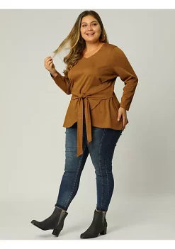 Agnes Orinda Women's Plus Size Valentines Long Sleeve Blouses, V-Neck Knit Belted Knot Tie Work Top Blouse -Agnes Orinda Store Belk 219