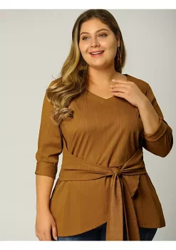 Agnes Orinda Women's Plus Size Valentines Long Sleeve Blouses, V-Neck Knit Belted Knot Tie Work Top Blouse -Agnes Orinda Store Belk 220