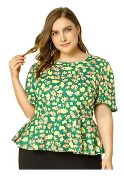 Agnes Orinda Women's Plus Size Blouse, Floral Printed Square Neck Ruffle Sleeves Peplum Blouses