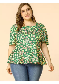 Agnes Orinda Women's Plus Size Blouse, Floral Printed Square Neck Ruffle Sleeves Peplum Blouses -Agnes Orinda Store Belk 2213