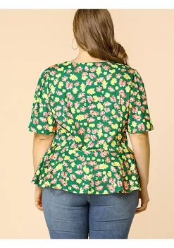 Agnes Orinda Women's Plus Size Blouse, Floral Printed Square Neck Ruffle Sleeves Peplum Blouses -Agnes Orinda Store Belk 2214