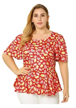 Agnes Orinda Women's Plus Size Blouse, Floral Printed Square Neck Ruffle Sleeves Peplum Blouses -Agnes Orinda Store Belk 2216