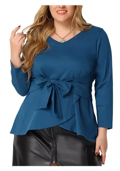 Agnes Orinda Women's Plus Size Valentines Long Sleeve Blouses, V-Neck Knit Belted Knot Tie Work Top Blouse -Agnes Orinda Store Belk 222