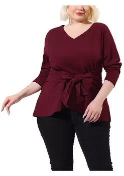 Agnes Orinda Women's Plus Size Valentines Long Sleeve Blouses, V-Neck Knit Belted Knot Tie Work Top Blouse -Agnes Orinda Store Belk 223
