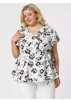Agnes Orinda Women's Plus Size Spring Tie Waist Floral Short Sleeve Wrap Blouse -Agnes Orinda Store Belk 2231
