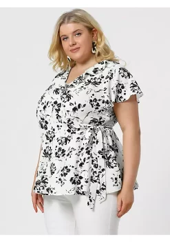 Agnes Orinda Women's Plus Size Spring Tie Waist Floral Short Sleeve Wrap Blouse -Agnes Orinda Store Belk 2232