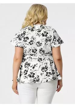 Agnes Orinda Women's Plus Size Spring Tie Waist Floral Short Sleeve Wrap Blouse -Agnes Orinda Store Belk 2233