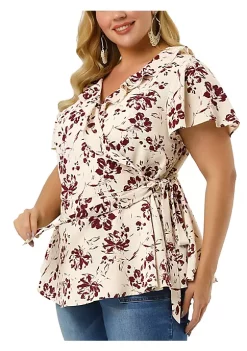 Agnes Orinda Women's Plus Size Spring Tie Waist Floral Short Sleeve Wrap Blouse -Agnes Orinda Store Belk 2234