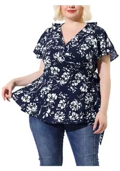 Agnes Orinda Women's Plus Size Spring Tie Waist Floral Short Sleeve Wrap Blouse -Agnes Orinda Store Belk 2235