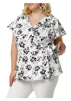 Agnes Orinda Women's Plus Size Spring Tie Waist Floral Short Sleeve Wrap Blouse -Agnes Orinda Store Belk 2236