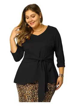 Agnes Orinda Women's Plus Size Valentines Long Sleeve Blouses, V-Neck Knit Belted Knot Tie Work Top Blouse -Agnes Orinda Store Belk 224