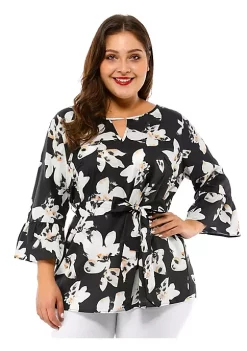 Agnes Orinda Women's Plus Size Keyhole Long Sleeve Blouse, Tie Waist Floral Peplum Tops