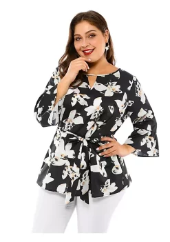 Agnes Orinda Women's Plus Size Keyhole Long Sleeve Blouse, Tie Waist Floral Peplum Tops -Agnes Orinda Store Belk 2253
