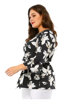 Agnes Orinda Women's Plus Size Keyhole Long Sleeve Blouse, Tie Waist Floral Peplum Tops -Agnes Orinda Store Belk 2254