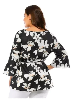 Agnes Orinda Women's Plus Size Keyhole Long Sleeve Blouse, Tie Waist Floral Peplum Tops -Agnes Orinda Store Belk 2255