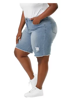 Agnes Orinda Women's Plus Size Denim Shorts Mid Rise Ripped Frayed Bermuda Jean Shorts -Agnes Orinda Store Belk 2272