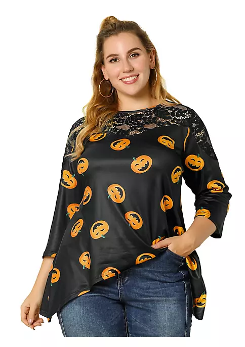 Agnes Orinda Women's Plus Size Blouses, Printed Lace Panel Asymmetric Hem Tops 8 Agnes Orinda Women's Plus Size Blouses, Printed Lace Panel Asymmetric Hem Tops - Image 6