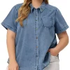 Agnes Orinda Plus Size Denim Shirt for Women Jean Denim Chest Pocket Short Sleeve Button Down Top -Agnes Orinda Store Belk 2302