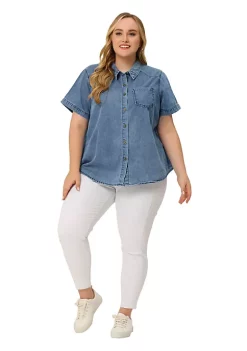 Agnes Orinda Plus Size Denim Shirt for Women Jean Denim Chest Pocket Short Sleeve Button Down Top -Agnes Orinda Store Belk 2304