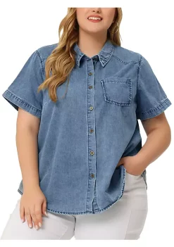 Agnes Orinda Plus Size Denim Shirt for Women Jean Denim Chest Pocket Short Sleeve Button Down Top -Agnes Orinda Store Belk 2307