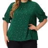 Agnes Orinda Plus Size Blouse for Women Work Office Pleated Mock Neck Star Print Puff Sleeve Tops Xmas