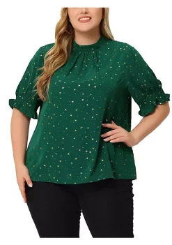 Agnes Orinda Plus Size Blouse for Women Work Office Pleated Mock Neck Star Print Puff Sleeve Tops Xmas