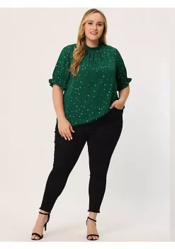 Agnes Orinda Plus Size Blouse for Women Work Office Pleated Mock Neck Star Print Puff Sleeve Tops Xmas -Agnes Orinda Store Belk 2310