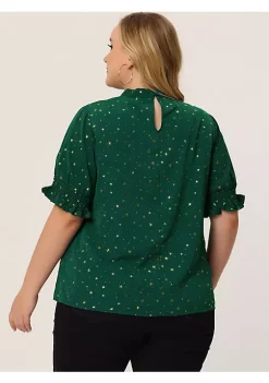 Agnes Orinda Plus Size Blouse for Women Work Office Pleated Mock Neck Star Print Puff Sleeve Tops Xmas -Agnes Orinda Store Belk 2311