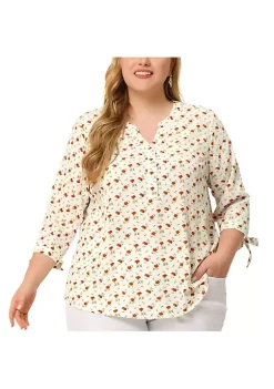 Agnes Orinda Women's Plus Size Tunic Top Floral Half Placket Tie 3/4 Sleeve V Neck Blouse