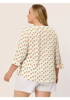 Agnes Orinda Women's Plus Size Tunic Top Floral Half Placket Tie 3/4 Sleeve V Neck Blouse -Agnes Orinda Store Belk 2323
