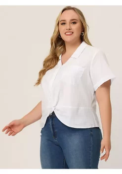 Agnes Orinda Plus Size Shirts for Women Flat Collar Twist Hem Chest Pocket Short Sleeve Tops -Agnes Orinda Store Belk 2328