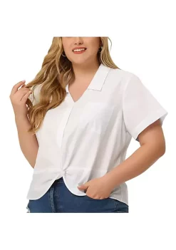 Agnes Orinda Plus Size Shirts for Women Flat Collar Twist Hem Chest Pocket Short Sleeve Tops -Agnes Orinda Store Belk 2331