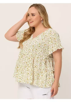 Agnes Orinda Plus Size Tops for Women Peasant Floral Print V Neck Ruffle Tiered Boho Pleated Babydoll Blouses -Agnes Orinda Store Belk 2334