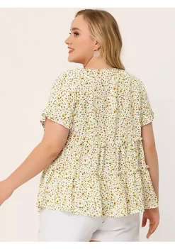 Agnes Orinda Plus Size Tops for Women Peasant Floral Print V Neck Ruffle Tiered Boho Pleated Babydoll Blouses -Agnes Orinda Store Belk 2335