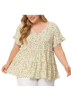 Agnes Orinda Plus Size Tops for Women Peasant Floral Print V Neck Ruffle Tiered Boho Pleated Babydoll Blouses -Agnes Orinda Store Belk 2337