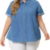 Agnes Orinda Plus Size Button Down Shirt for Women Denim Roll Sleeve Stand Collar Chambray Top -Agnes Orinda Store Belk 2338