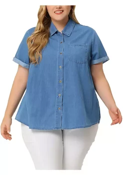Agnes Orinda Plus Size Button Down Shirt for Women Denim Roll Sleeve Stand Collar Chambray Top
