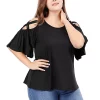 Agnes Orinda Women's Plus Size Strappy Cold Shoulder Trumpet Sleeves Top