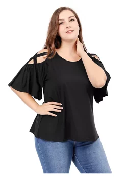Agnes Orinda Women's Plus Size Strappy Cold Shoulder Trumpet Sleeves Top