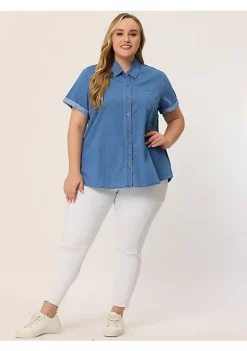 Agnes Orinda Plus Size Button Down Shirt for Women Denim Roll Sleeve Stand Collar Chambray Top -Agnes Orinda Store Belk 2340