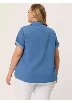 Agnes Orinda Plus Size Button Down Shirt for Women Denim Roll Sleeve Stand Collar Chambray Top -Agnes Orinda Store Belk 2341