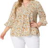 Agnes Orinda Plus Size Blouse for Women Pintuck 3/4 Bell Sleeves V Neck Floral Top -Agnes Orinda Store Belk 2344