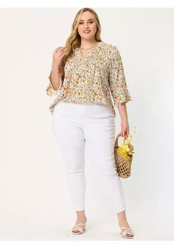 Agnes Orinda Plus Size Blouse for Women Pintuck 3/4 Bell Sleeves V Neck Floral Top -Agnes Orinda Store Belk 2346