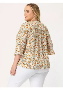 Agnes Orinda Plus Size Blouse for Women Pintuck 3/4 Bell Sleeves V Neck Floral Top -Agnes Orinda Store Belk 2347