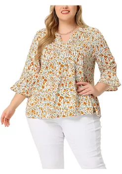 Agnes Orinda Plus Size Blouse for Women Pintuck 3/4 Bell Sleeves V Neck Floral Top -Agnes Orinda Store Belk 2349