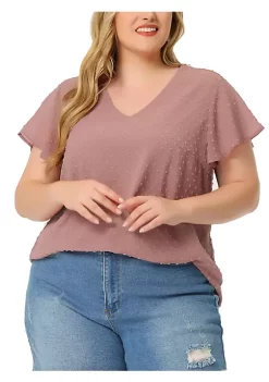 Agnes Orinda Plus Size Blouses for Women Flare Sleeve V Neck Swiss Dots Tops