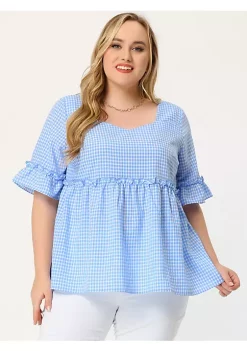 Agnes Orinda Women's Plus Size Blouse Plaid Peplum Sweetheart Neck Ruffle Sleeve Babydoll Tops -Agnes Orinda Store Belk 2359