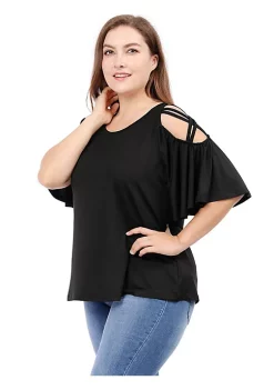Agnes Orinda Women's Plus Size Strappy Cold Shoulder Trumpet Sleeves Top -Agnes Orinda Store Belk 236